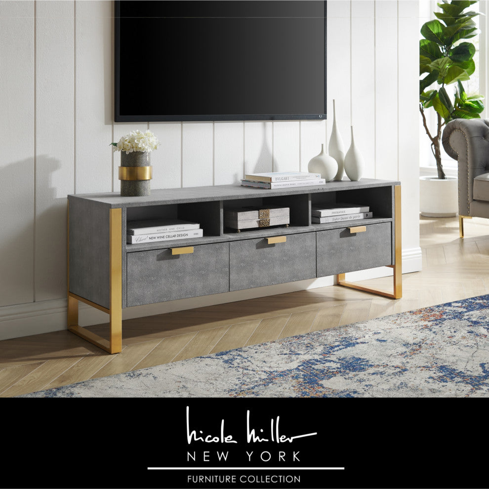 Nicole Miller Chayton TV Stand, Faux Shagreen 55Lx16Wx20.7H, Gray/Gold