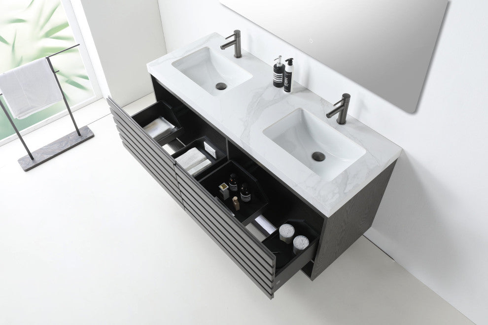 Matera Wall Mount Modern Bathroom Vanity, Charcoal, 60", White Countertop