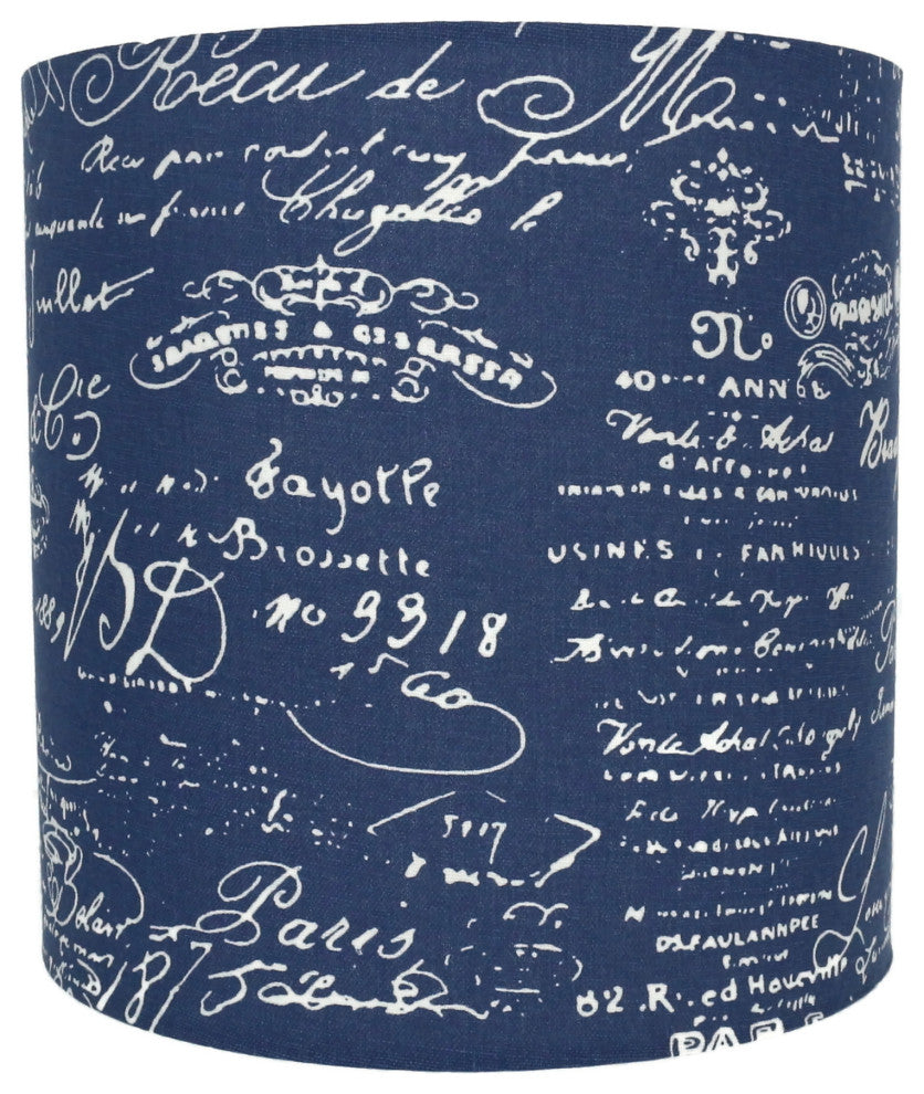 Classic Drum Linen Lamp Shade, Blue, White Script, 10"