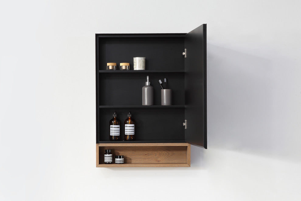 Bergen Modern Medicine Cabinet, Matte Black Frame, Pecan Oak Shelf, 24"