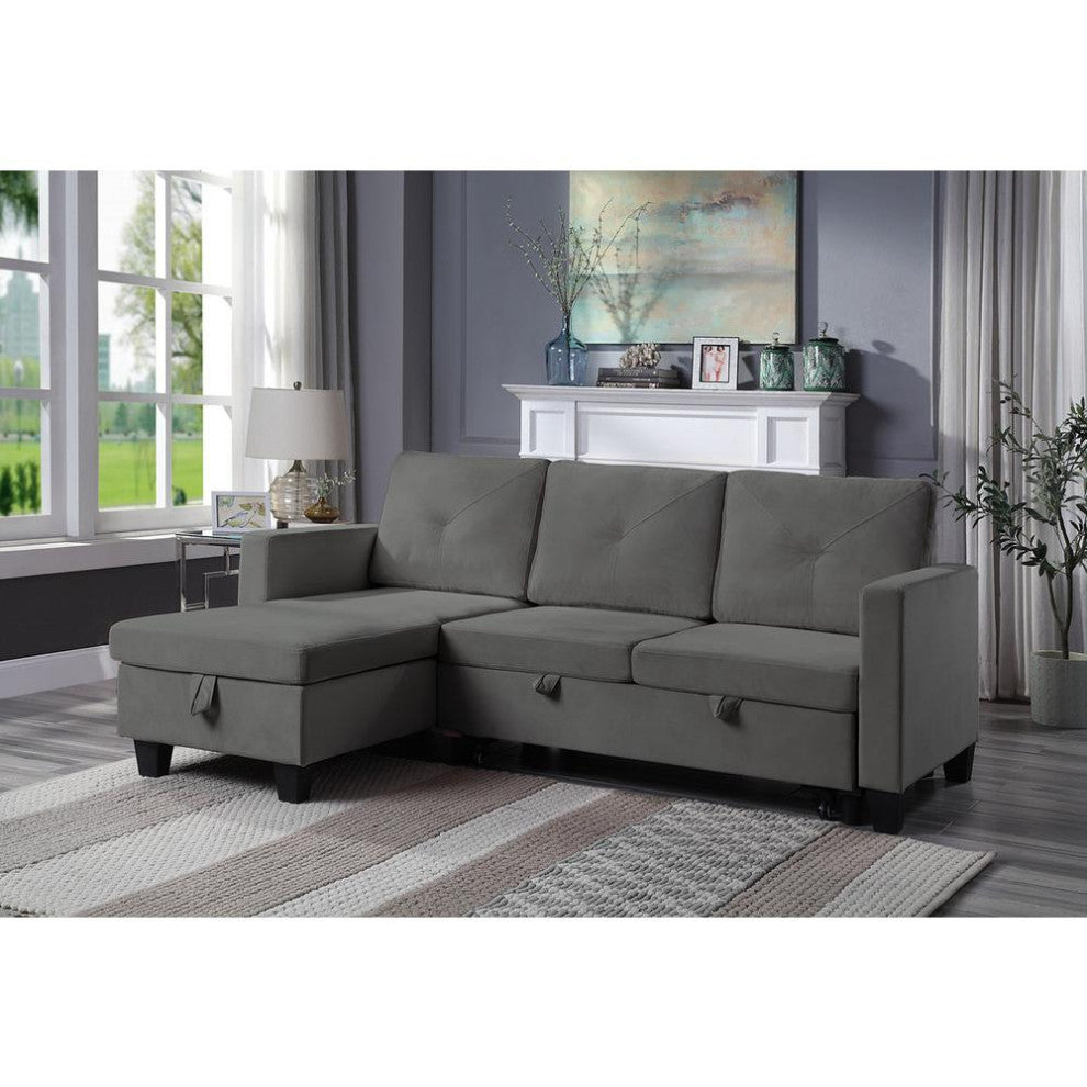 Nova Dark Gray Velvet Reversible Sleeper Sectional Sofa with Storage C