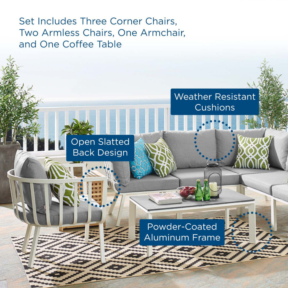 Lounge Sectional Sofa Chair Set, Aluminum, Metal, White Gray, Outdoor