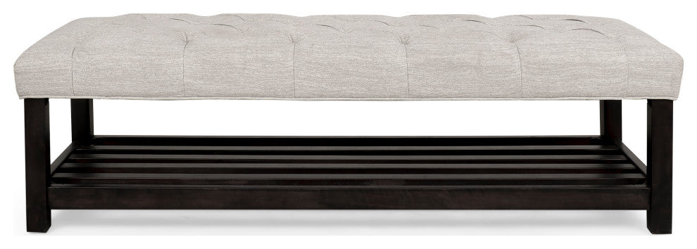 Pelon Contemporary Button Tufted Bench With Shelf, Beige/Dark Walnut