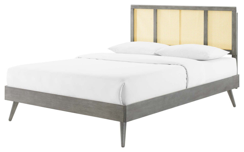 Platform Bed Frame, King Size, Wood, Gray, Modern Mid-Century, Bedroom