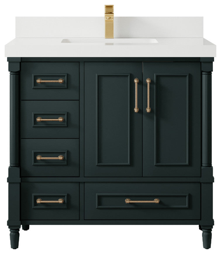 Aberdeen 36 Center Sink Bath Vanity in Dark Forest Green 2" White Quartz