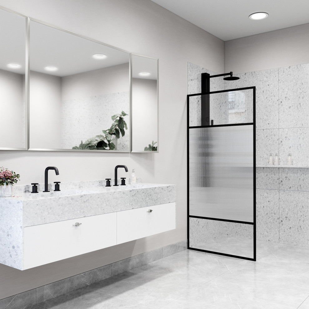 VIGO Essex 34" W x 74" H Framed Fixed Shower Screen with Fluted Glass, Matte Black
