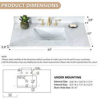 Engineered Stone Vanity Top in Grain White, 43", Single Sink