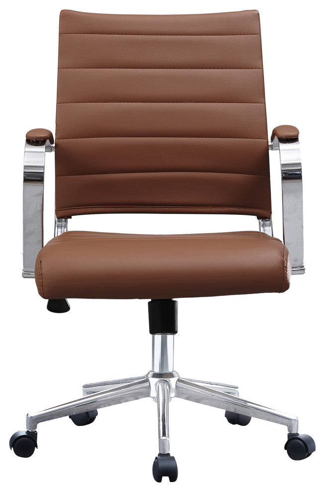Mid Back Swivel Boss Ribbed PU Leather Office Arm Chair Modern Ergonomic, Brown