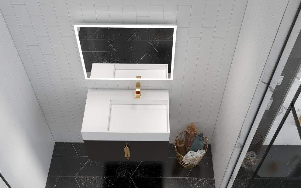 CastelloUSA Amazon 30" Right Wall Mounted Bathroom Vanity Set, Black, White Top, Gold