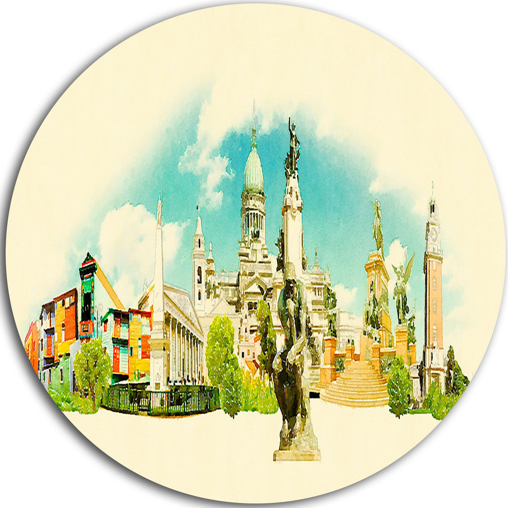 Buenos Aires Panoramic View, Watercolor Disc Metal Artwork, 23"