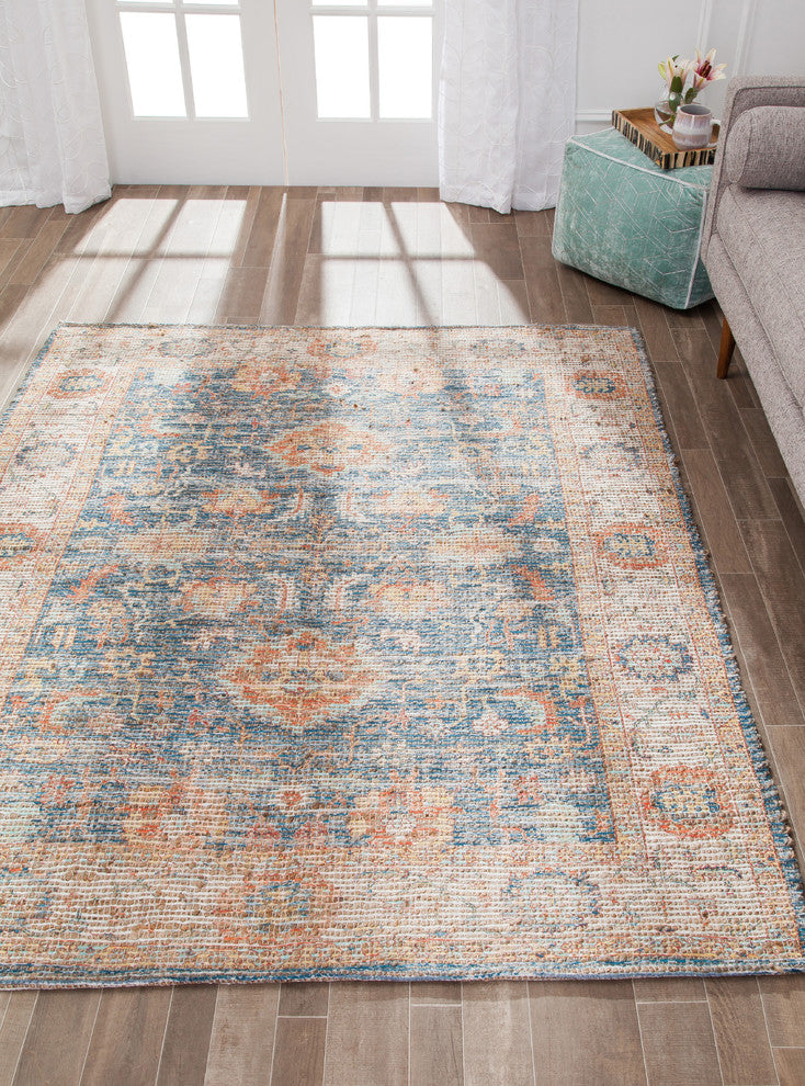 Blue Floral Ivory Border Jute/Chenille, 7'6"x9'