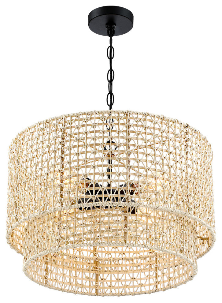 20" 4-Light Rattan Tiered Drum Chandelier Light With Black Canopy