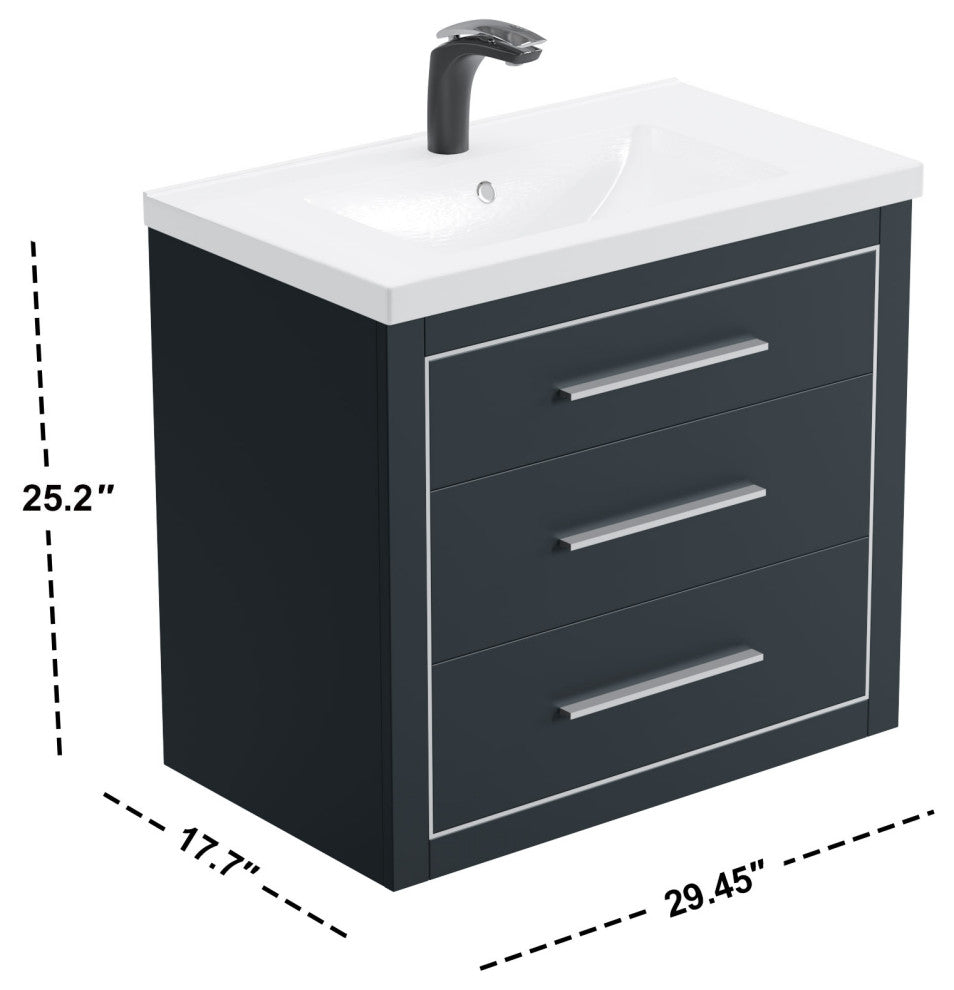 Sherwood 30" Single Vanity Set, Charcoal, Chrome Trim, Floating Only