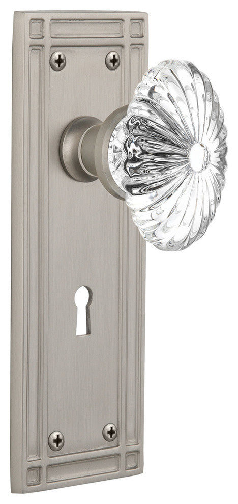 Mission Plate Privacy Oval Fluted Crystal Glass Knob, Satin Nickel