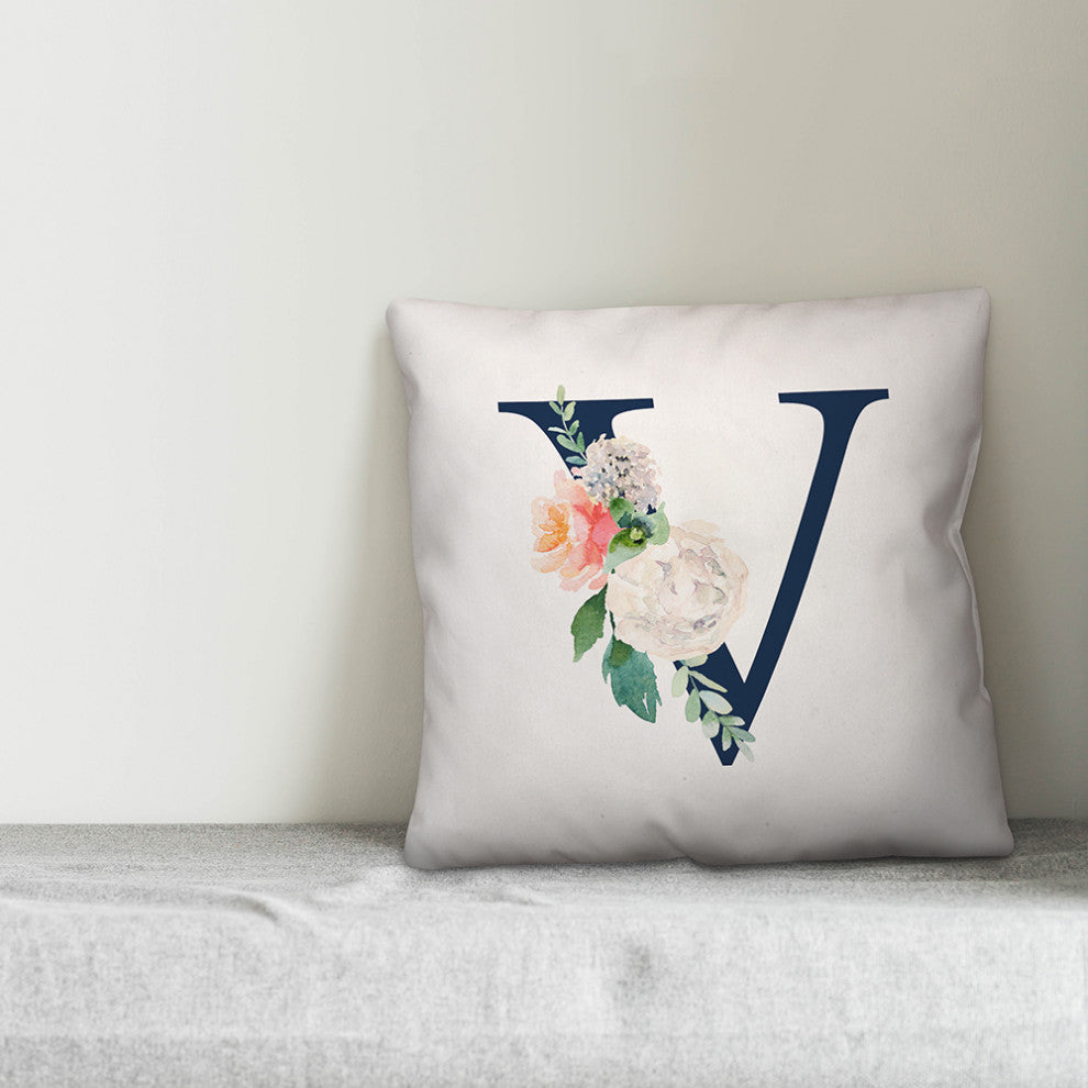 Floral Monogram V 18x18 Indoor/Outdoor Pillow