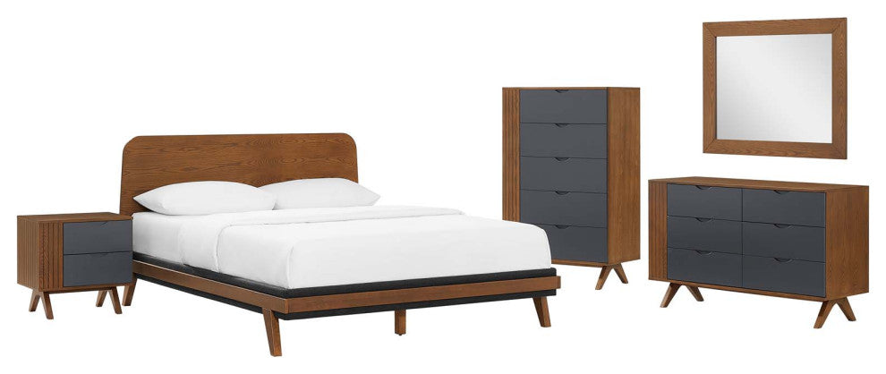 Platform Bed Dresser Chest Nightstand Set, Queen, Walnut, Wood, Modern