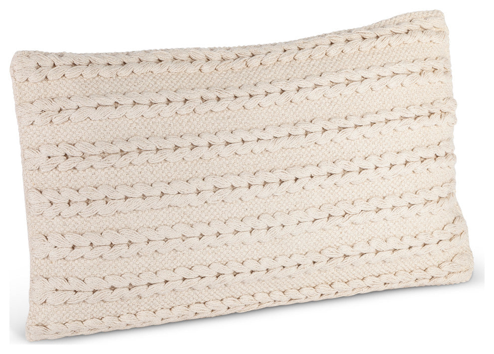 20" Ivory Woven Cotton Lumbar Pillow, Polyester Filling