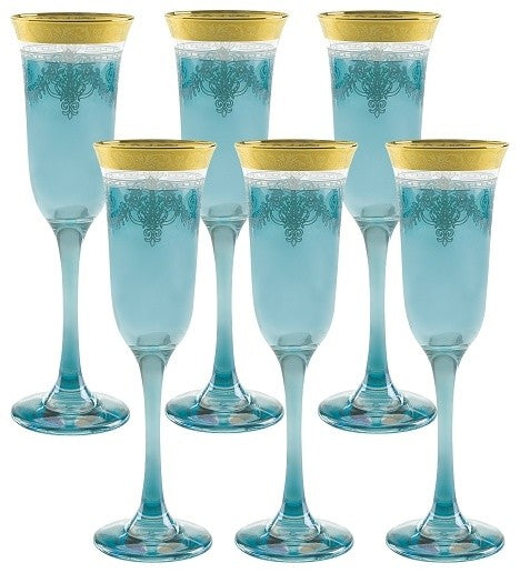 Blue Flutes Set of 6 with Gold Band