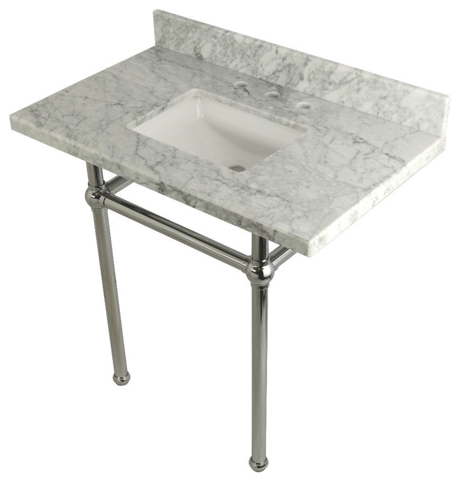 36X22 Marble Vanity Top w/Brass Console Legs, Carrara Marble/Polished Chrome