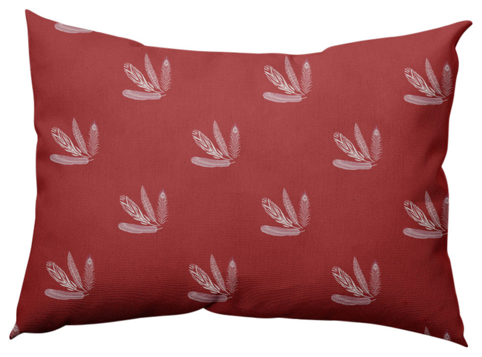 Feather Pattern Decorative Lumbar Throw Pillow, Ligonberry Red, 14"x20"