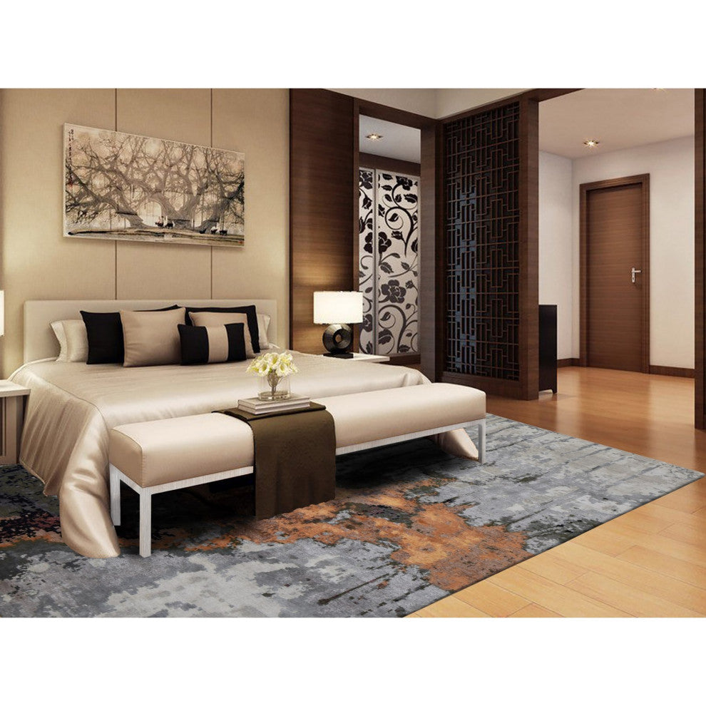 Gray, Abstract Dripping Design, Wool and Silk, Hand Knotted Rug, 8'10"x12'3"