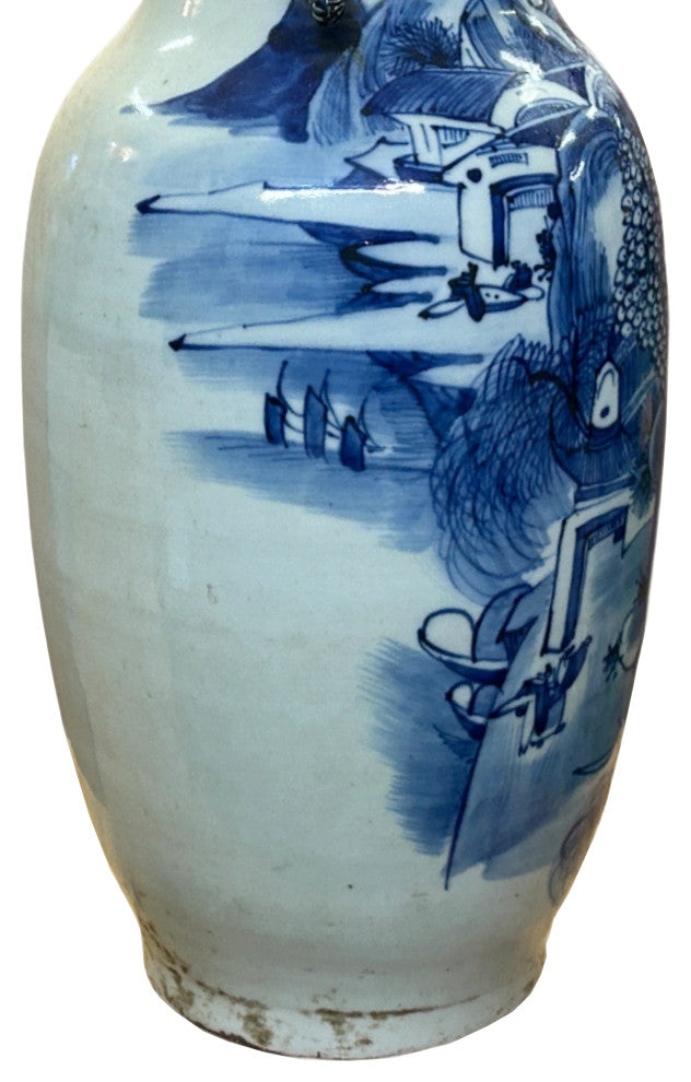 23.5" Vintage Blue White Scenery Porcelain Ru Yi Ear Art Vase Hws4361