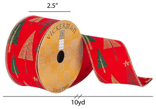 2.5"x10Yd Red Velvet Gld/Grn Glitt Trees