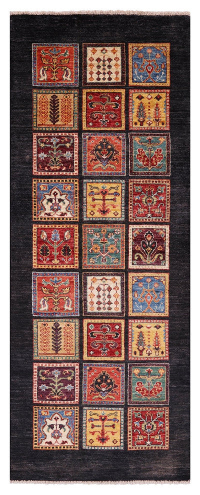 Persian Garden Design Black Hand Knotted Runner Rug 2' 6" X 6' 7" Q10681