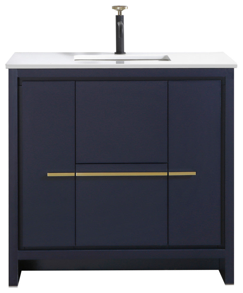 KubeBath Dolce 36" Vanity With White Quartz Countertop, Rose Wood, Blue