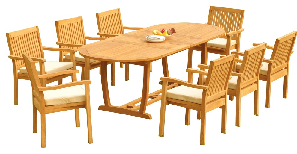 9-Piece Outdoor Teak Dining Set: 94" Masc Oval Table, 8 Leve Stacking Arm Chairs