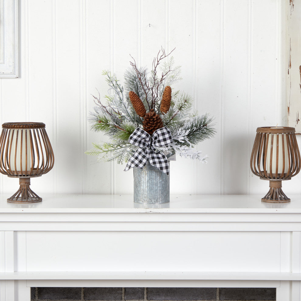 20" Holiday Winter Greenery W/ Pinecones & Gingham Bow Table Faux Arrangement