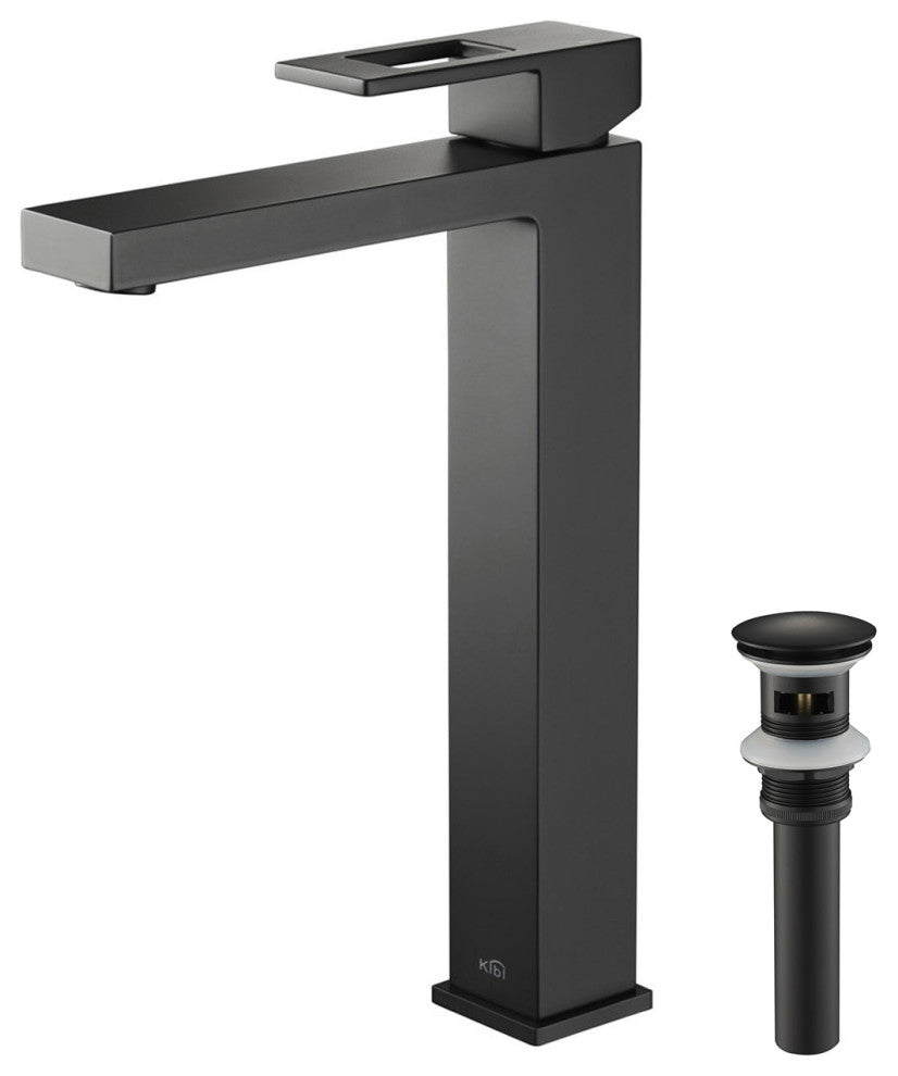 Cubic Single Handle Vessel Sink Faucet KBF1003, Matte Black, W/ Drain