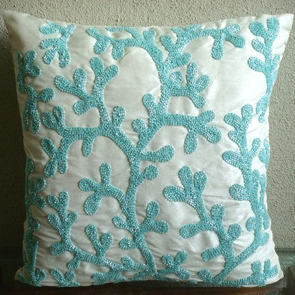 Sea Weeds Aqua Blue Throw Pillows Cover, Art Silk 16x16 Pillow Cover, Sea Weeds