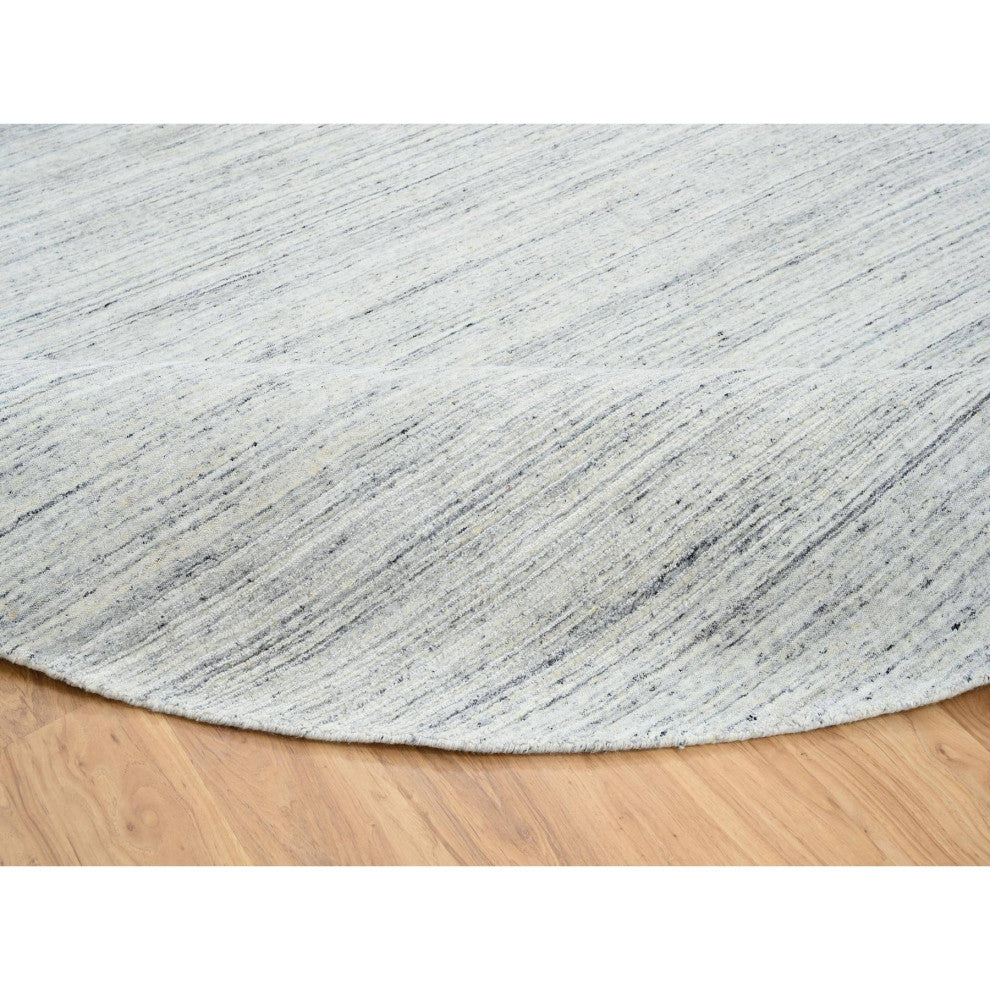 Ivory Plain Modern Striped Design Pure Wool Hand Loomed Round Rug, 11'10"x11'10"