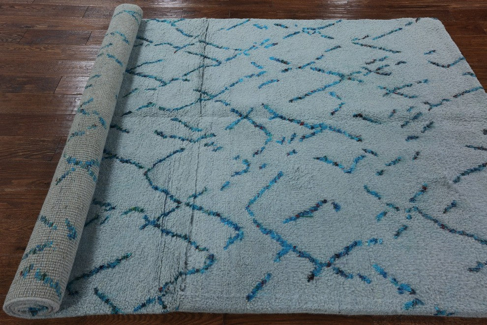 Modern Oriental Light Blue Moroccan Hand-Knotted Wool Rug, 5'x8'