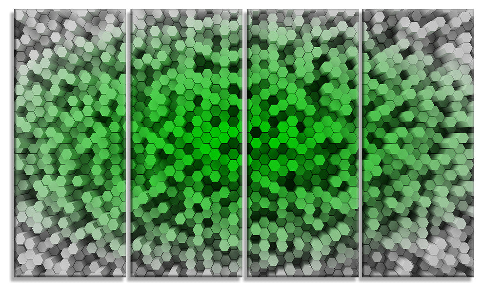 Random Elevated Green Hexagons, Abstract Wall Art Canvas, 48"x28", 4 Panels