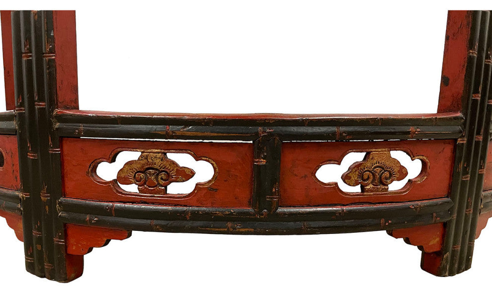 Consigned 19th Century Antique Chinese Carved Red lacquered Half Moon Tables