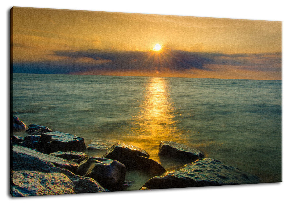 Sunset On Ocean, Sea, Beach Nature Landscape Photo Canvas Print, 18" X 24"