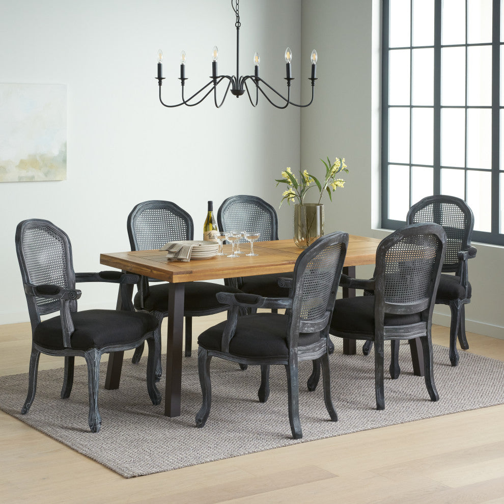 Aldrich Farmhouse Fabric Upholstered Wood and Cane 7 Piece Dining Set, Black + Gray + Rustic Metal + Natural Stained