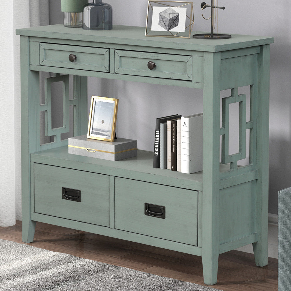 TATEUS  36" Farmhouse Pine Wood Console Table Entry Sofa Table with Drawers, Green