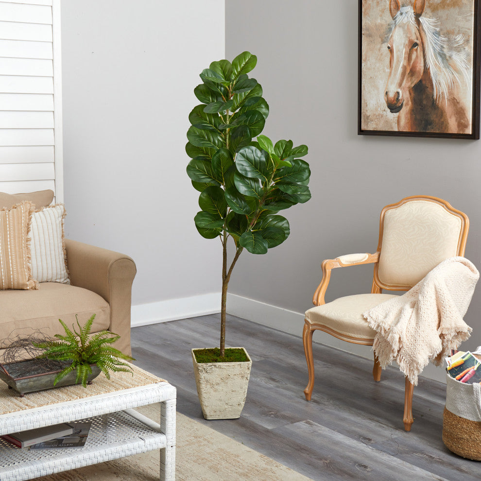 5.5' Fiddle leaf Fig Artificial Tree, Country White Planter