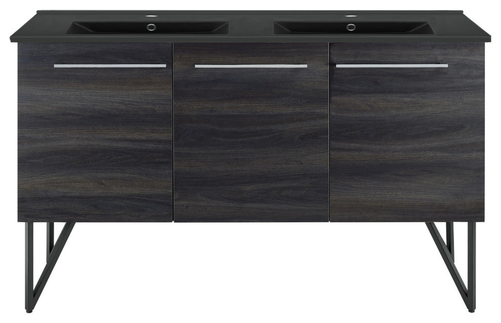 Annecy 60" Black Walnut, Double Basin Bathroom Vanity With Black Sink Top