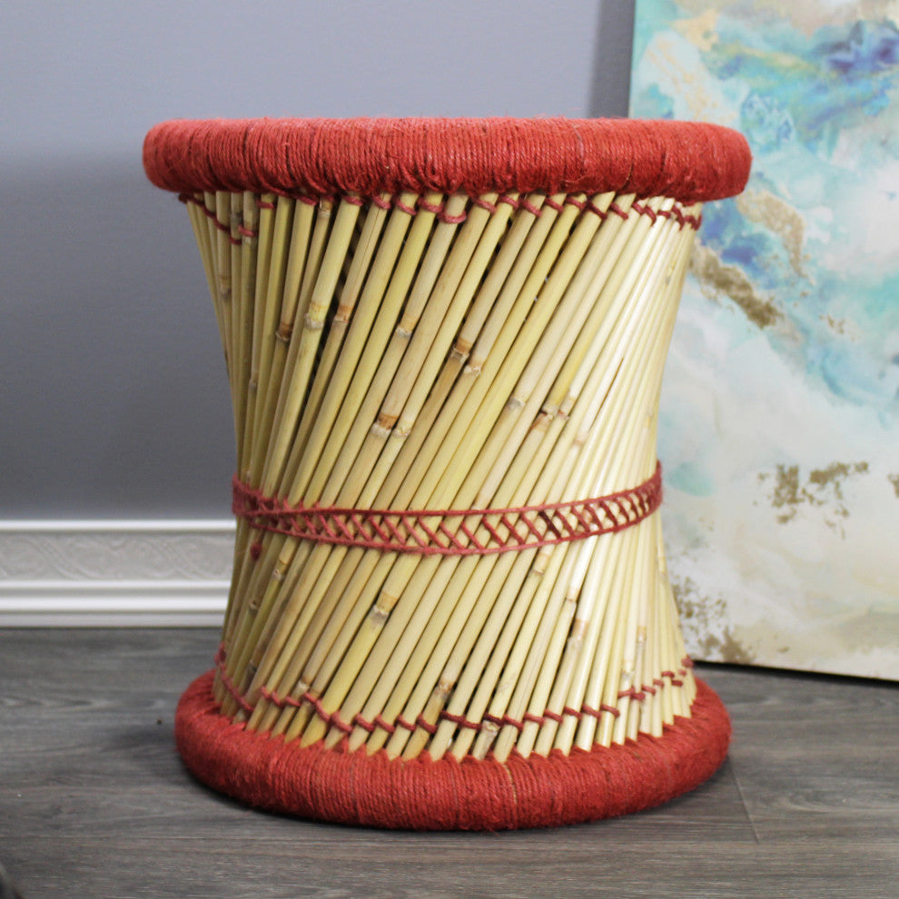 Natural Geo Moray Decorative Handwoven Jute Accent Stool, Rusty Red