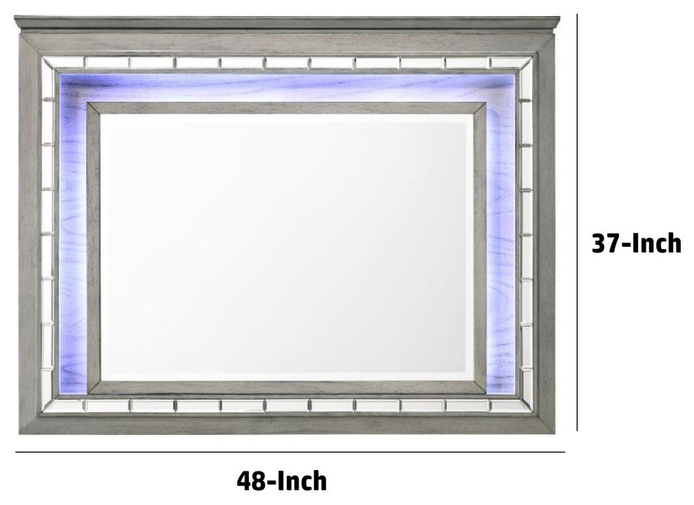 Benzara BM275063 48" Wood Mirror, LED, Mirrored Trim, Landscape, Light Gray