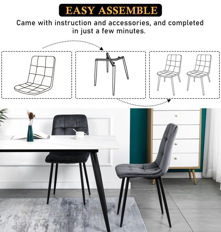 15 in.W Indoor Dining Velvet 4-Chair with Cushions and Metal Legs, Grey