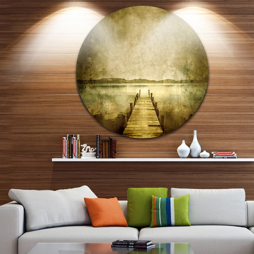 Vintage Pier Over Lake, Landscape Digital Art Round Wall Art, 38"