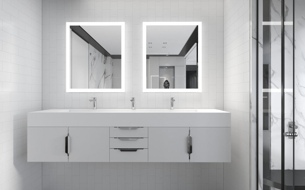 CastelloUSA Nile 84" Wall Mounted Bathroom Vanity Set, White, White Top, Brushed Nickel