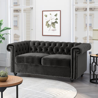 Timber Contemporary Button Tufted Loveseat with Nailhead Trim, Black and Dark Brown, Velvet