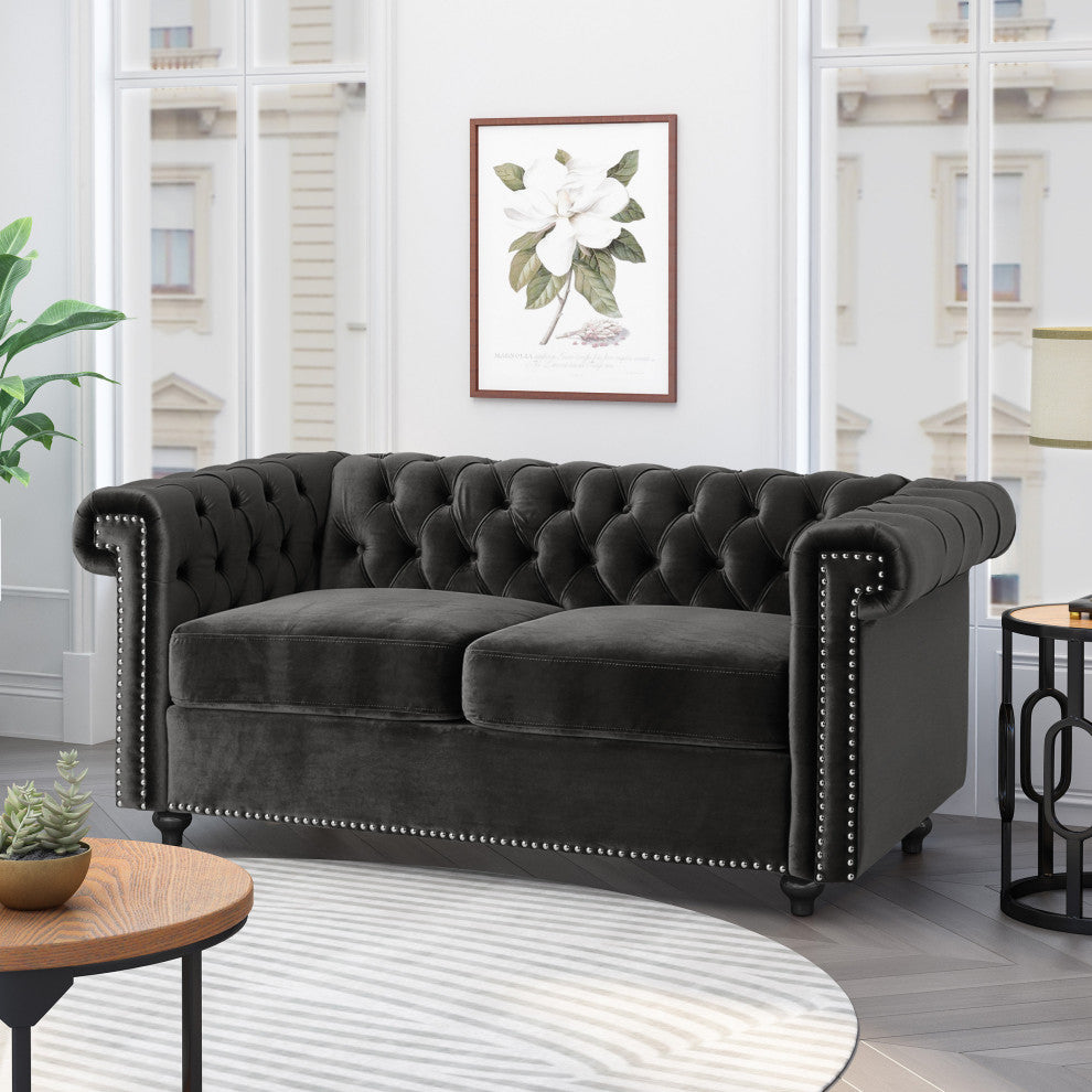Timber Contemporary Button Tufted Loveseat with Nailhead Trim, Black and Dark Brown, Velvet