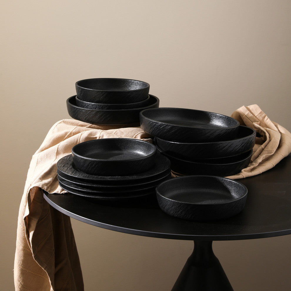 Stone Lain Senso New Bone China 24 Piece Dinnerware Set, Black